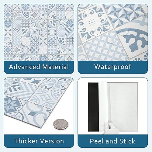 Miniatura 4 de Sunwings Azulejo de pared para cocina, azulejos de pared de mosaico cuadrado azul autoadhesivo de piedra para baño, 9 x 9 pulgadas, 20 hojas