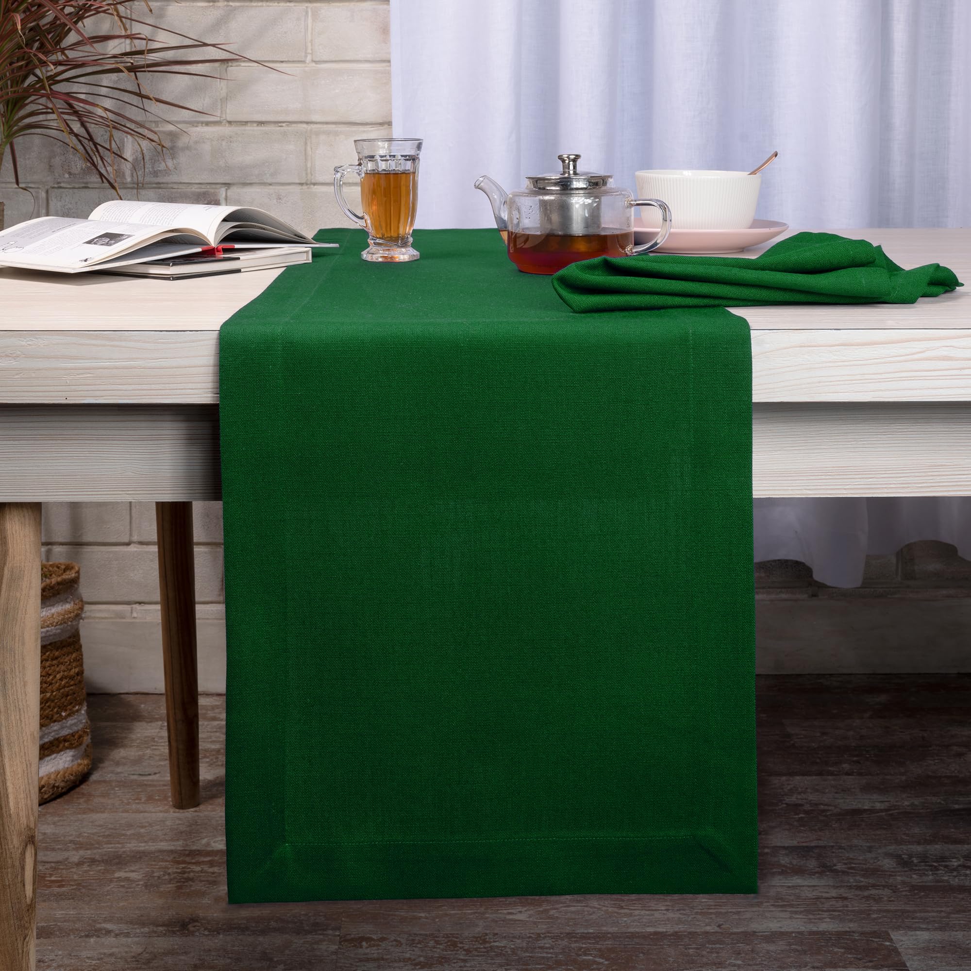 D'Moksha Dark Green Table Runner 120" Long, Linen Table Runner, Christmas Table Runner for Fall, Thanksgiving, Heavyweight Recycled Fabric - Machine Washable - Mitered Corner, 14x120 inches Eden Green
