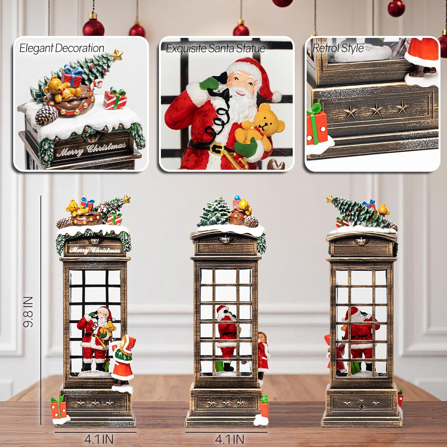 10" Christmas Snow Globe Lantern with Santa in Telephone Booth - Water Swirling Glitter Musical Box with Exterior Decor - Vintage Xmas Gifts - USB Plug or Battery Operated Home Decor (Santa Calling) - Image 2