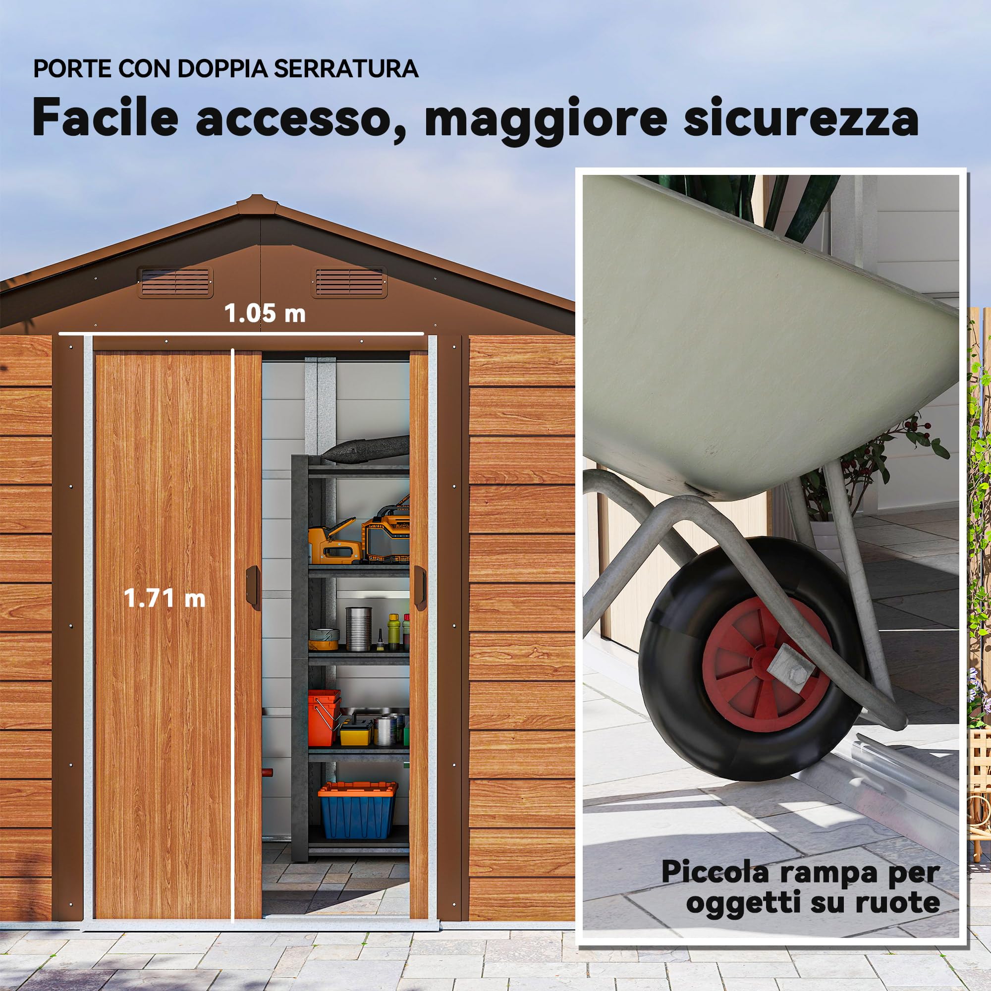 Outsunny Casetta da Giardino 4.07m² Acciaio Zincato con Porta Attrezzi Tetto Inclinato Doppie Porte Scorrevoli Bloccabili Marrone