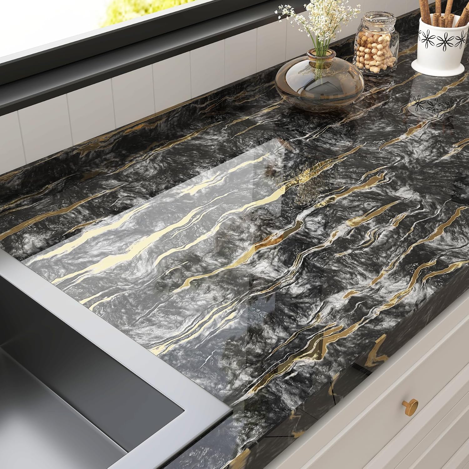 ICOOP Black Marble Contact Paper Peel and Stick Wallpaper for Bathroom Kitchen Black and Gold Marble Wallpaper Modern Waterproof Contact Paper for Countertops Luxury Vinyl Desk Wrap 15.8"×120"