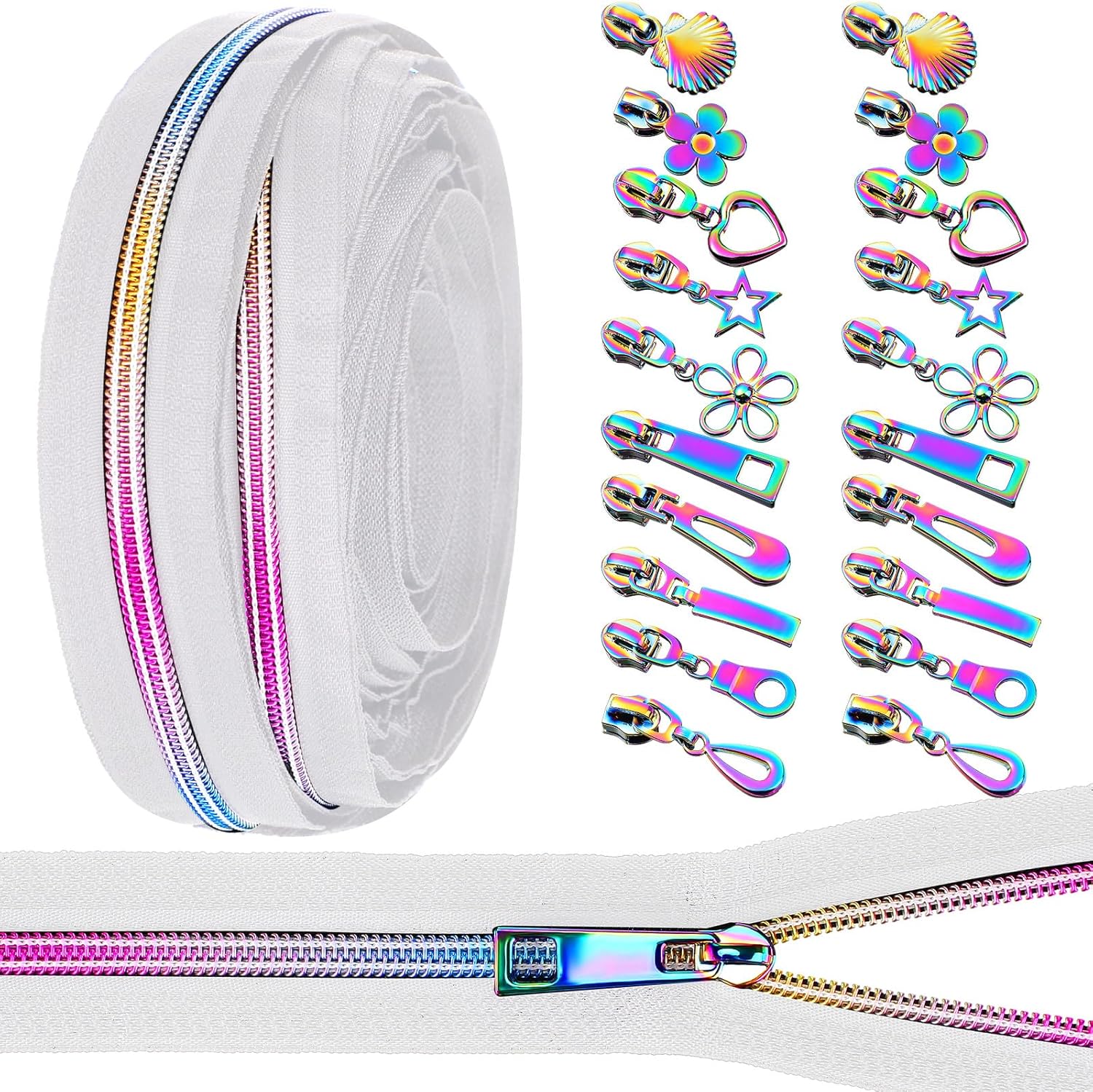 Zeyune #5 Rainbow Zipper Tape by the Yard 10 Yards Rainbow Teeth Nylon Zipper with 20 Pcs Colorful Metal Slider Pulls (10 Styles) for DIY Sewing Tailor Crafts(Classic Style,White)