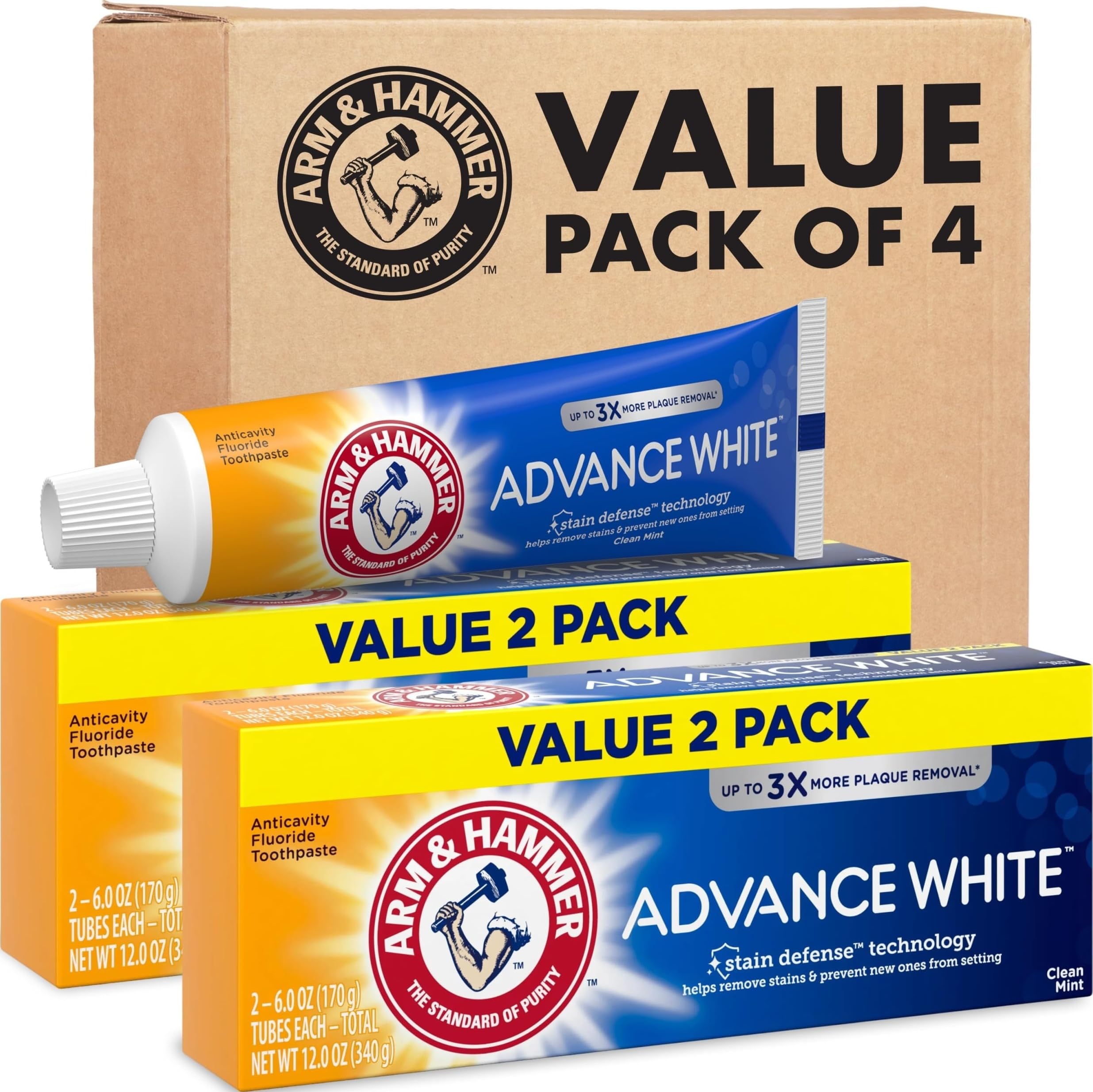 Arm & Hammer Advance White Toothpaste, Clean Mint Flavor, Stain Defense Technology, 6.0oz (4-Pack)