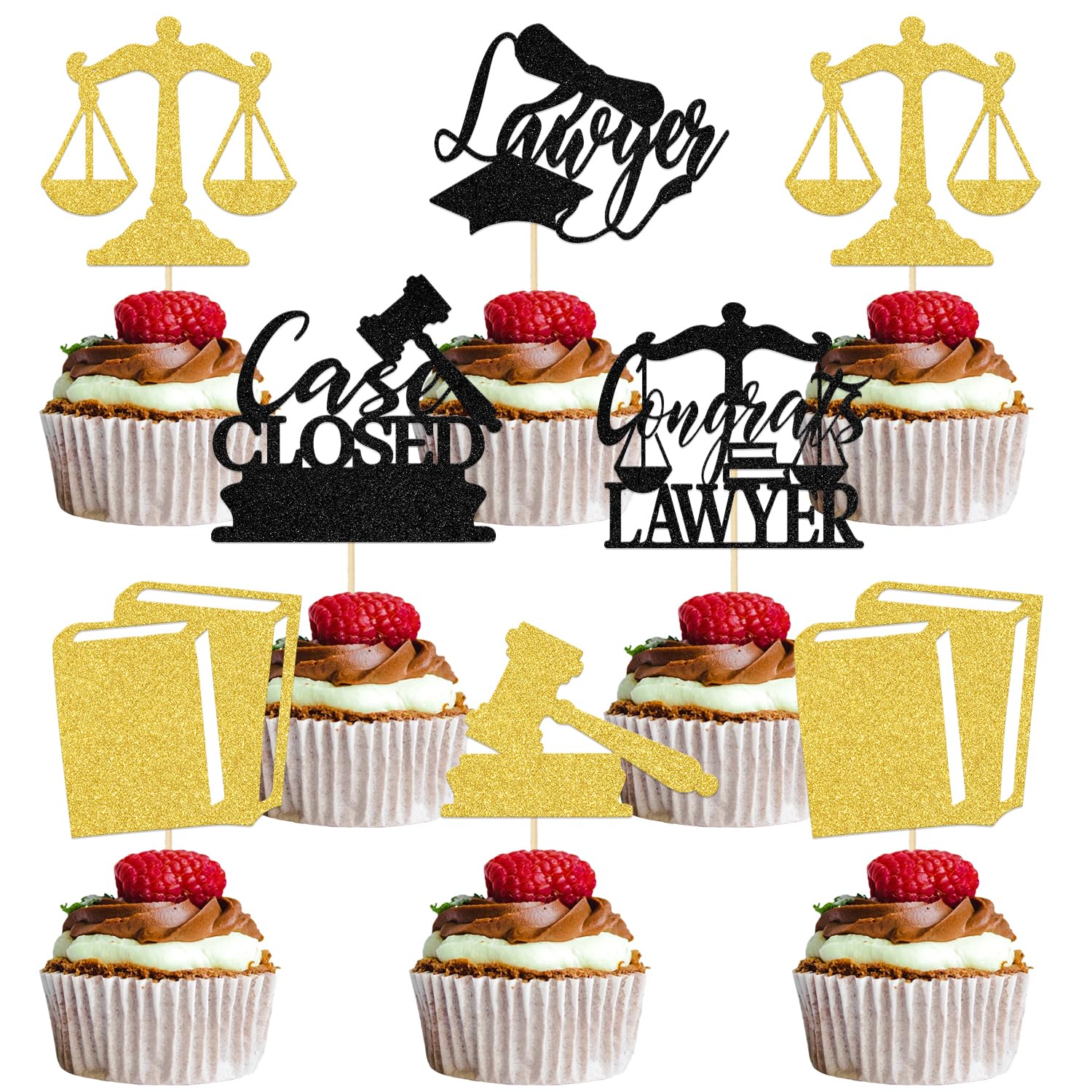 24Pcs Lawyer Graduation Party Decoration - Congrats Lawyer Cupcake Topper - Law School Survivor Decoration Gold Black Glitter