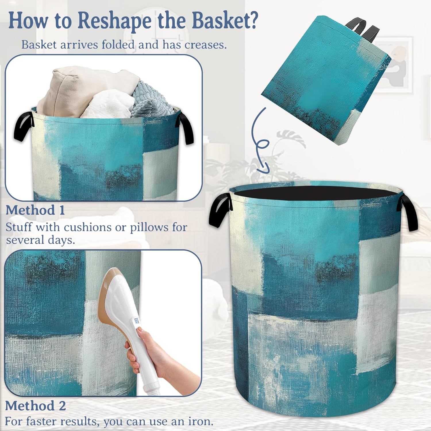Turquoise Grey Abstract Art Painting Laundry Basket,Foldable Oxford Cloth Geometric Laundry Hamper with Handles, 20.8"x16" Tote Bag Clothes Storage Bucket for Laundry Room/Bathroom/Bedroom/Dormitories