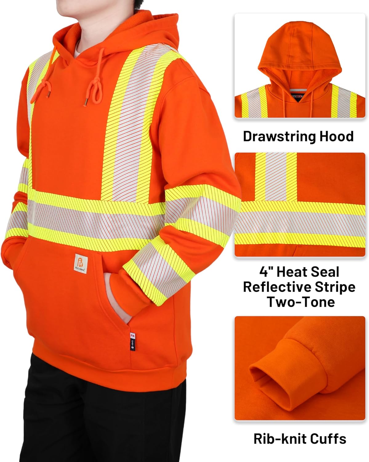 BOCOMAL FR Hoodies High Visibility Cotton Fleece Hi-vis Mid-Weight Flame Resistant Reflective Hooded Sweatshirts - Image 3
