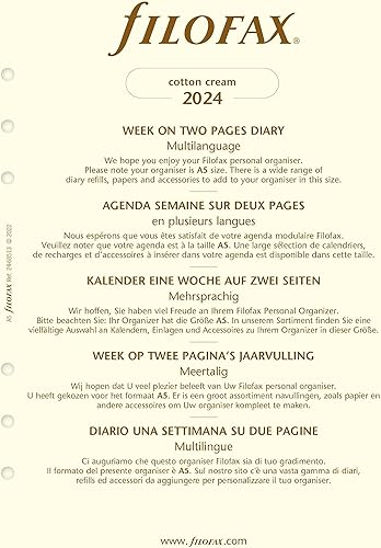 Miniatura 2 de Filofax Recambio de diario de calendario, tamaño A5, vista semanal con citas, papel crema de algodón, multilingüe cinco idiomas, 2024 (C68513-24)