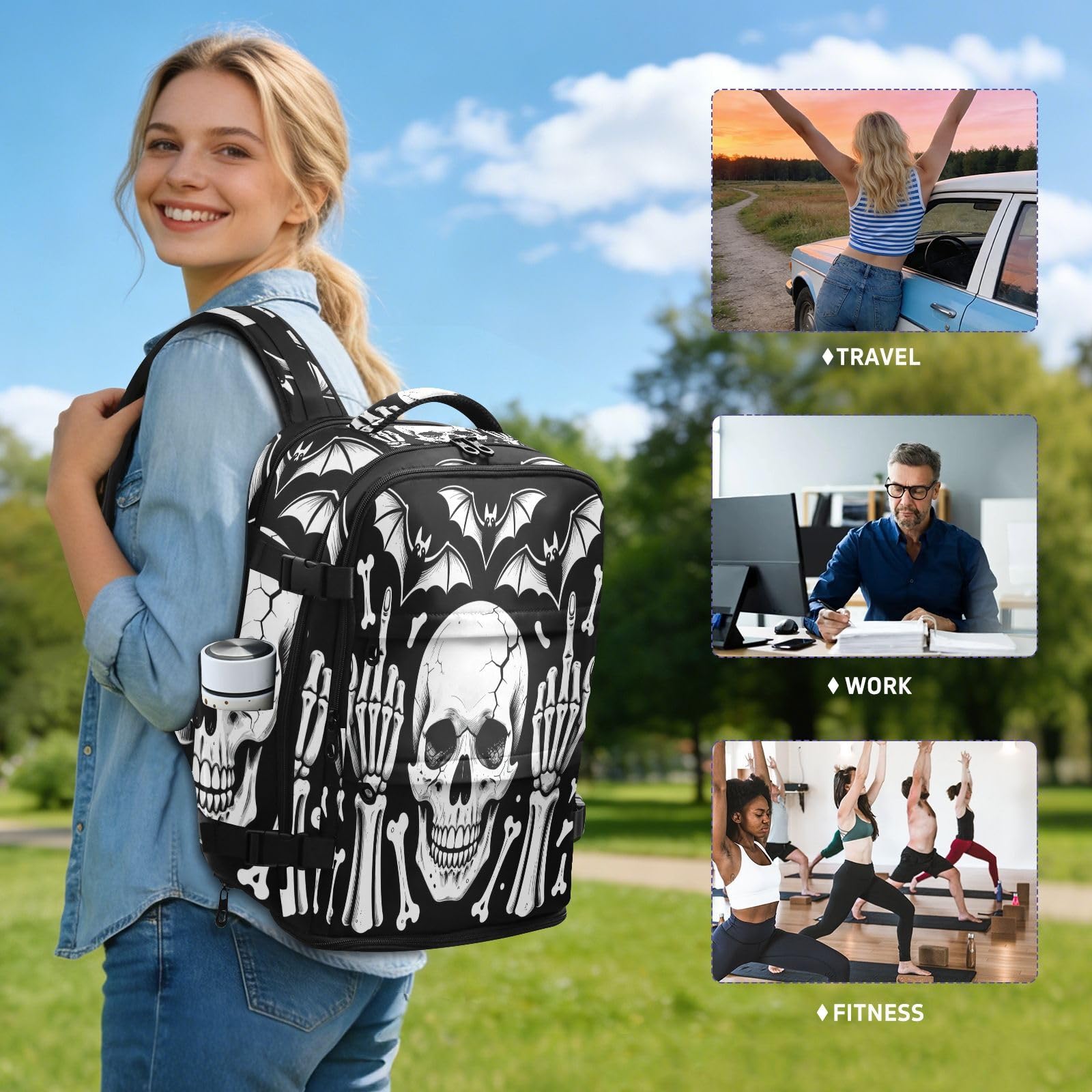 Zatwierdzony samolotem plecak podróżny 15,6 torba na laptopa dla mężczyzn do pracy | Stylowa torba biurowa Rock on Skeleton Hands 15,6 cala torba na laptopa do samolotów mochila para mujer 20L