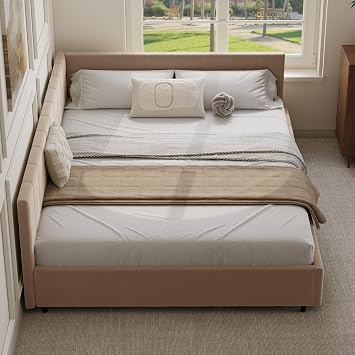 Queen Size Wood Daybed, Modern Elegant Velvet Upholstered Padded Grid Pattern Bed Frame, No Box Spring Needed, Easy Assembly, Apricot Pink