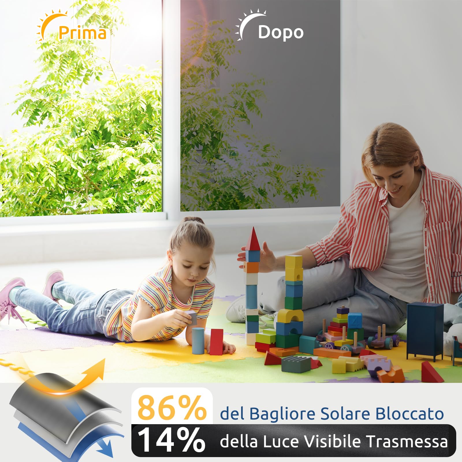 rabbitgoo Pellicola Specchio per Vetri Finestre Privacy con Kit di Installazione, Adesivo Statico, Pellicola Specchio Anti Sole Anti UV Controllo del Calore per Casa Ufficio, 90x400cm, Nero Argento