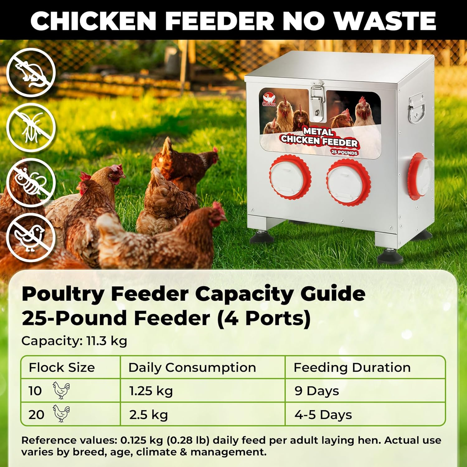 25 lbs 4-Port Galvanized Chicken Feeder No Waste with Locking Lid&Riveted Handles,Adjustable Height,Large Capacity Rainproof Automatic Chicken Feeders for Chickens, Poultry Coop,Silver