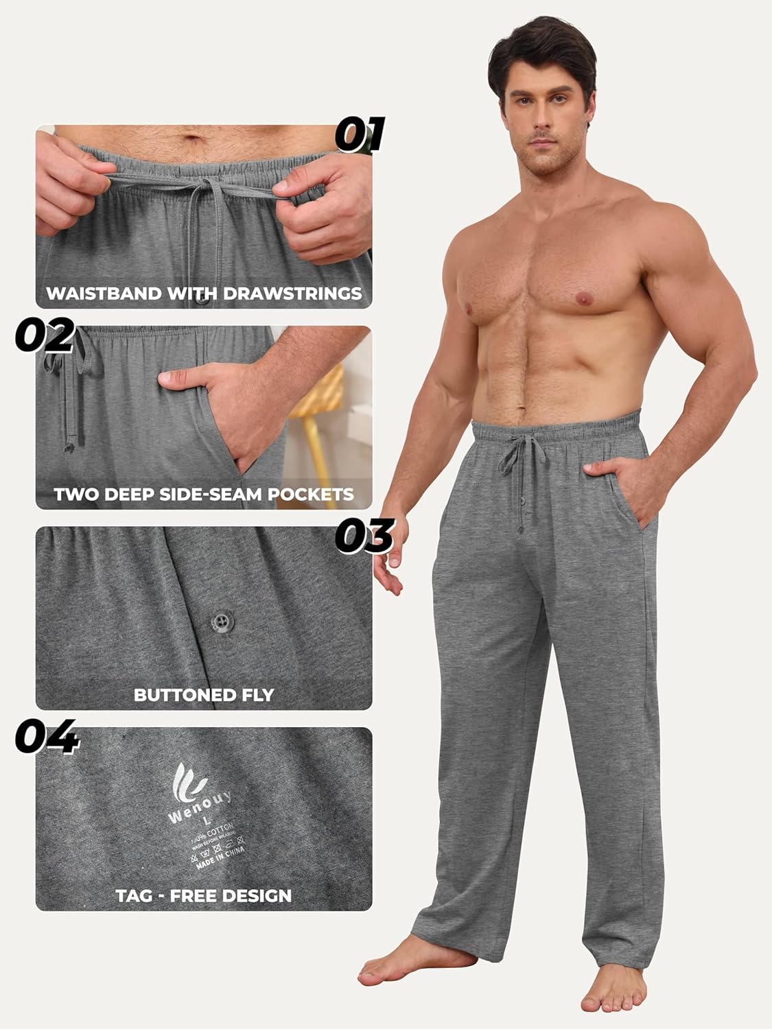 2 Pack Men's Cotton Pajama Pants Soft Sleep & Lounge Pj Bottoms with Pockets & Drawstring - Image 3