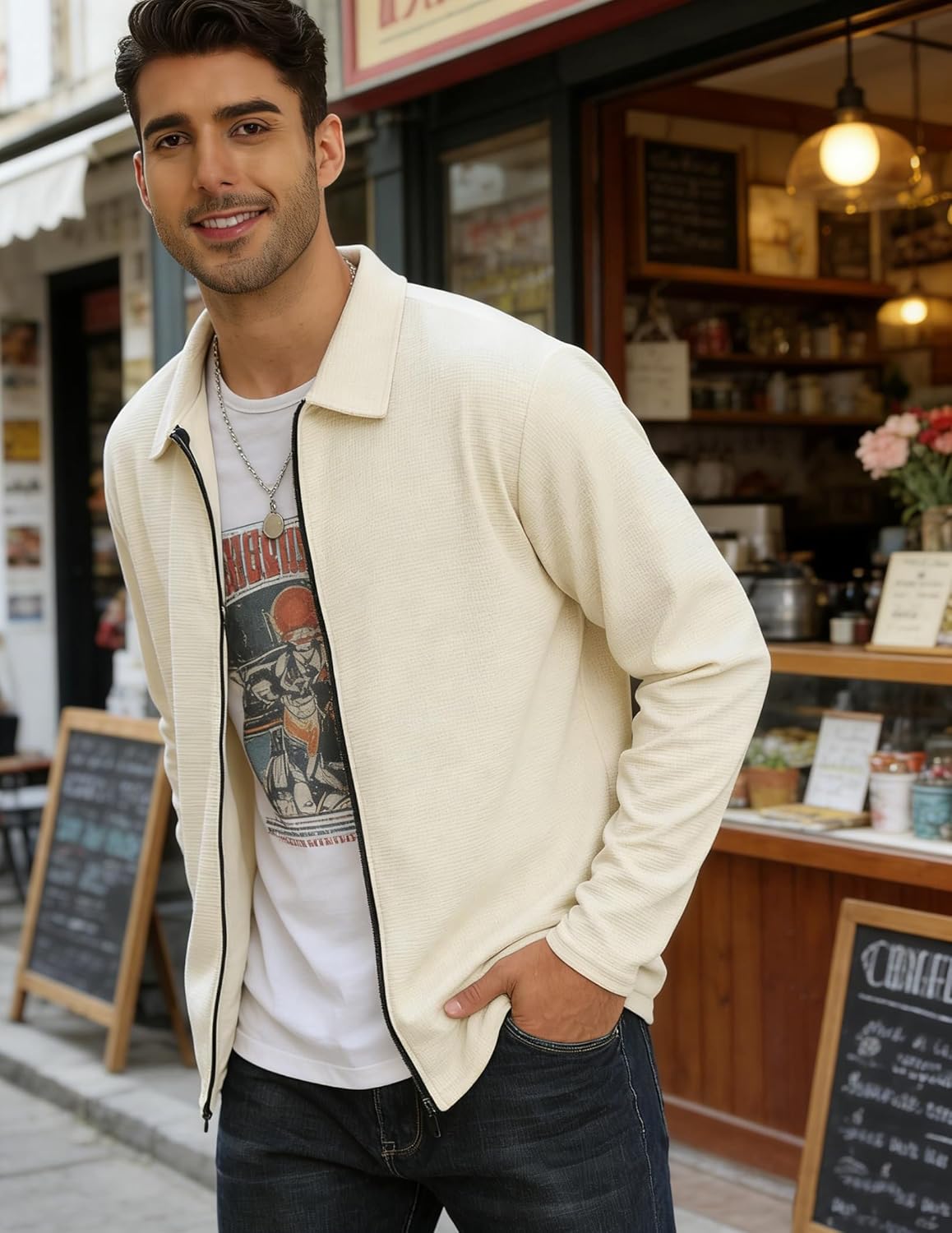 PICKLION Men Casual Cardigan Sweaters Laydown Collar Zipper Closure Solid Color Long Sleeve Waffle Jackets
