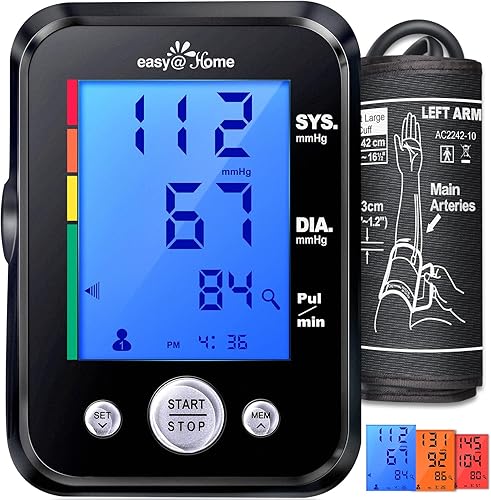 Easy@Home Blood Pressure Monitor: Accurate Cuff Automatic Blood Pressure Monitor with Free App MyHeartPal - 3 Color Backlit Display 8.7”-16.5” Large
