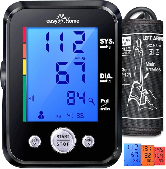 Moniteur de pression artérielle Easy@Home pour usage domestique : pas de Bluetooth, synchronisation des données via Smart Scan à l'application MyHeartPal gratuite, tensiomètre automatique avec affichage d'hypertension rétroéclairé 3 couleurs et 2 utilisateurs, EBP-095 Noir