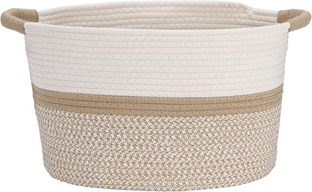Hinwo Cotton Rope Storage Basket Collapsible Laundry Hamper Nursery Storage Bin Container Organizer with Handles, 15.7 x 12.6 inches, Khaki