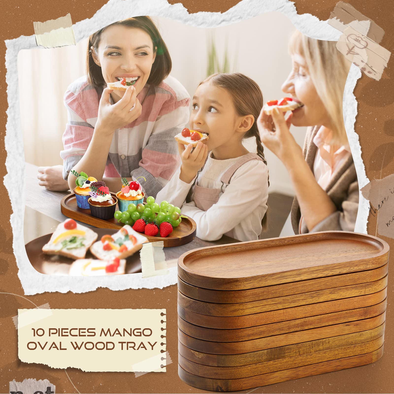 Rtteri 10 bandejas de madera de acacia, bandejas grandes de madera de 13.8 x 5.8 pulgadas, tabla de charcutería, bandeja ovalada rústica vintage para postre, pan, barbacoa, mesa de fiesta