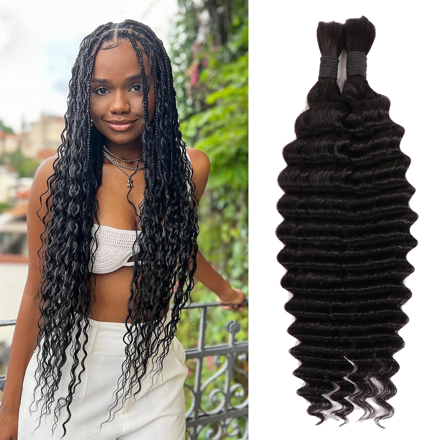 Human Hair Bulk For Braiding Highlight Deep Wave Boho Human Braiding Hair No Weft Human Hair Bundles for Micro Braids Human Braiding Wet (1B, 18Inch 100g(50gx2Bundles))