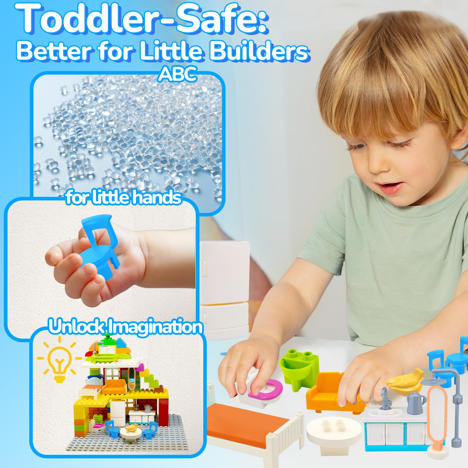 Großen Bausteinen Zubehör Set, Erweiterung mit Bett, Sofa- & Möbeln Kompatibel mit Allen Duplo Steinen Kreatives Bauen ab 3 Jahren