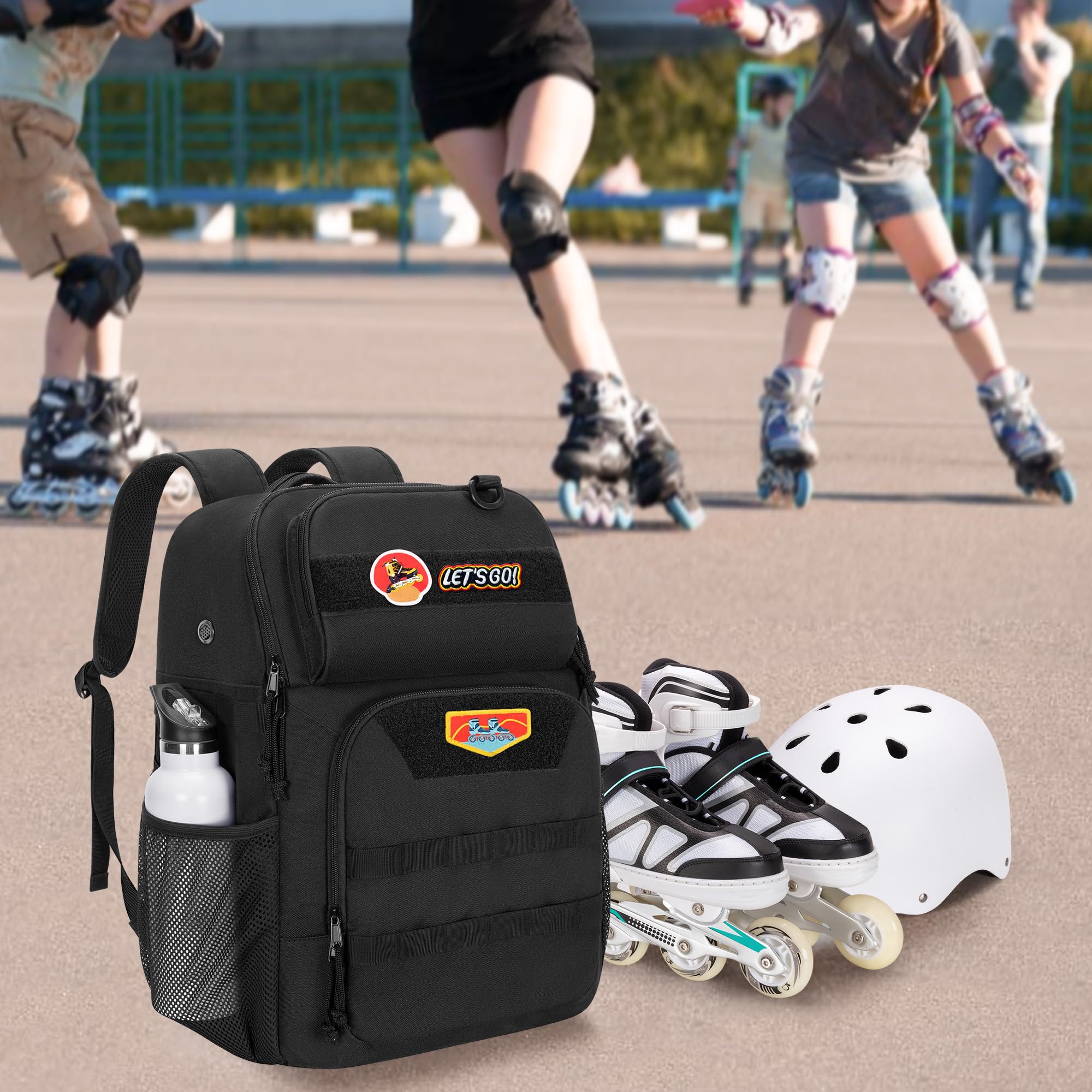 GOBUROS Skate Tasche für Schuhe bis US Herrengröße 13, Rollschuh Rucksack mit Mehreren Zubehörfächern, Inline Skate Tasche für Damen und Herren, Schwarz