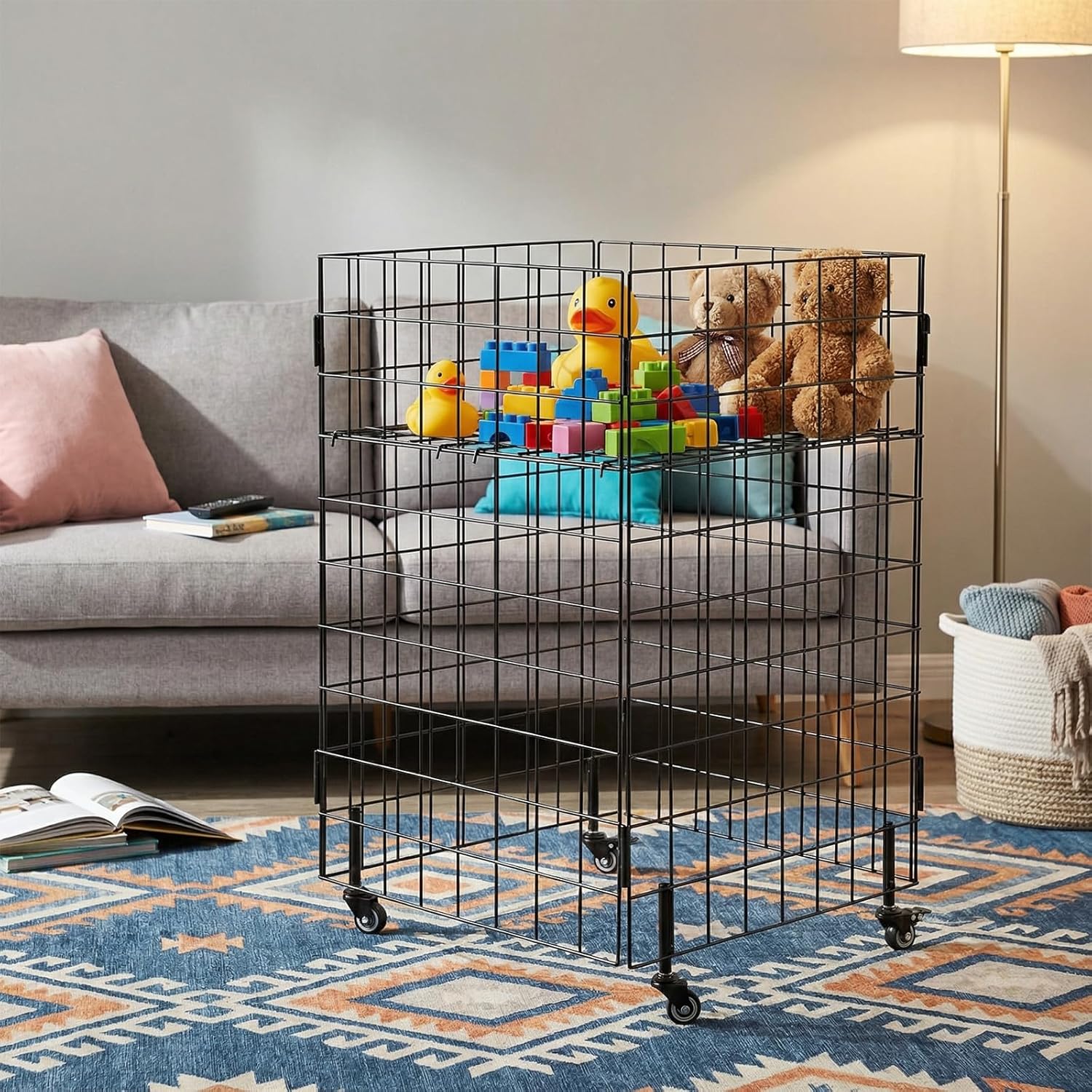 Leinuosen Heavy-Duty Metal Grid Dump Bin with Adjustable Internal Shelf & 2 Locking Casters - Rolling Storage Bin for Retail, Warehouse, Donation(24 x 24 x 34 Inches)