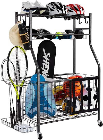 VEVOR Sports Equipment Garage Organizer, Rolling Ball Storage Cart on Wheels, Basketball Rack with Baskets & Hooks, Indoor/Outdoor Sports Gear and Toys Storage, Steel Sports Equipment Organizer, Black