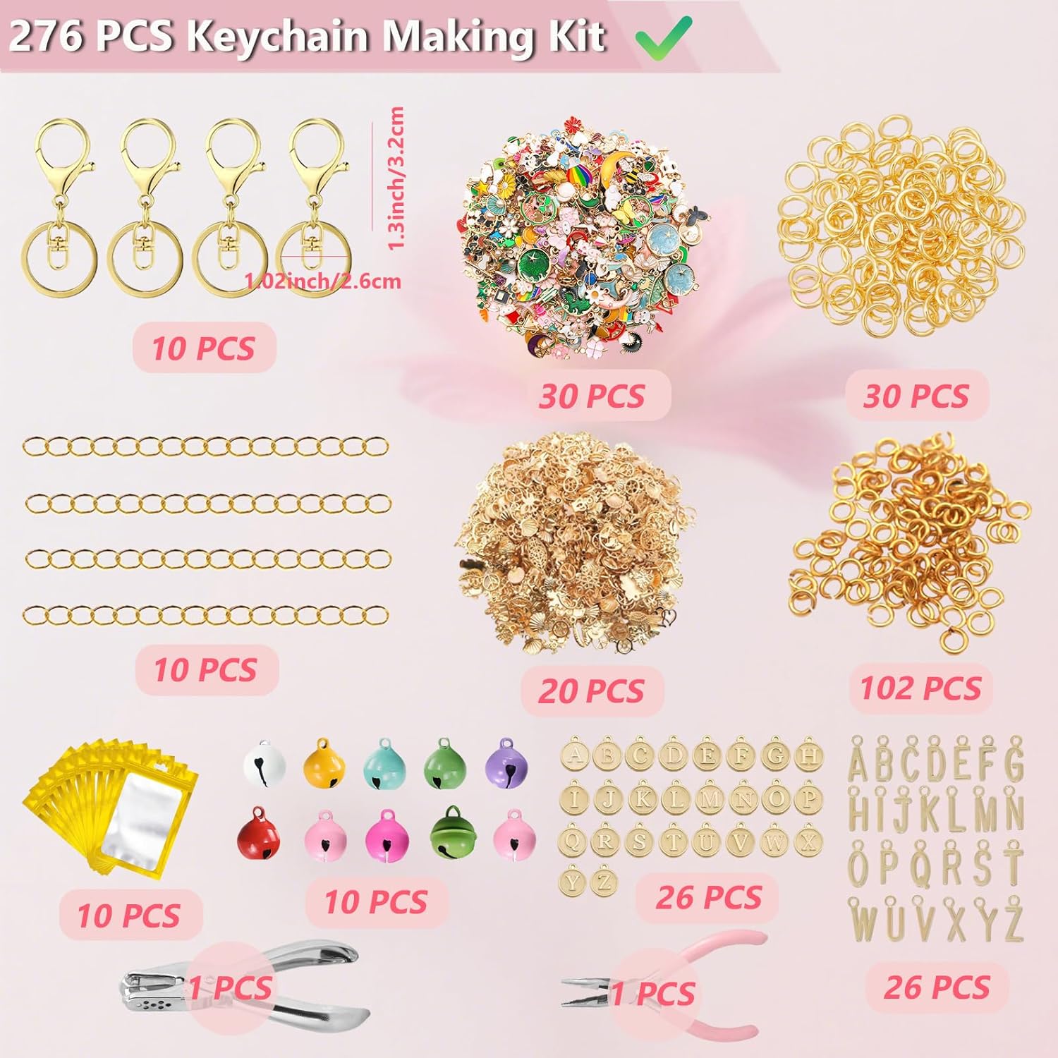 Qrhky 276PCS Lip Gloss Charms Keychain Kit, DIY Keychain Making Kit with Pink Enamel Alphabet Charms, Chains and Bells, Great Gift for Girls and Teens, Ideal for Class Projects & Party Crafts - Image 2