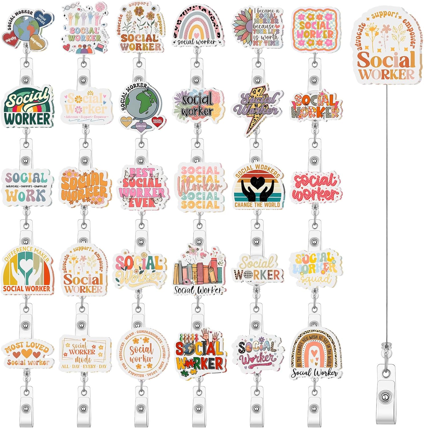Geyoga 30 Pcs Social Work Month Badge Holder Bulk Retractable Badge Reels Cards Holder with Clip Gift for Volunteer Social Worker Appreciation Gifts