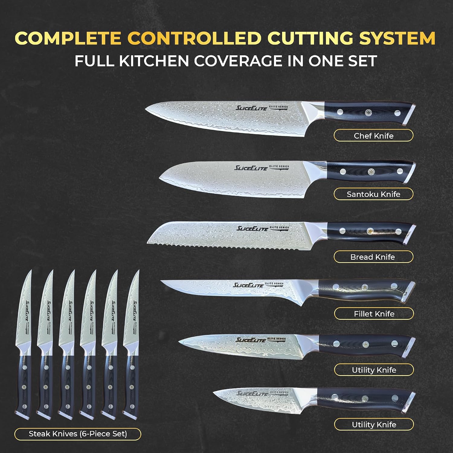 SliceElite Elite Series 12 Piece VG10 Damascus Kitchen Knife Set Chef Santoku Bread Utility Paring Fillet Steak Blades Forged Carbon Fiber Handle Cooking Cutlery Gift Box Professional Culinary Knives