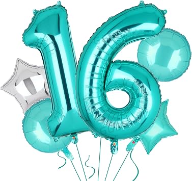 Teal Blue Number 16 Balloons 40 Inch 16th Birthday Anniversary Theme 5 Pcs
