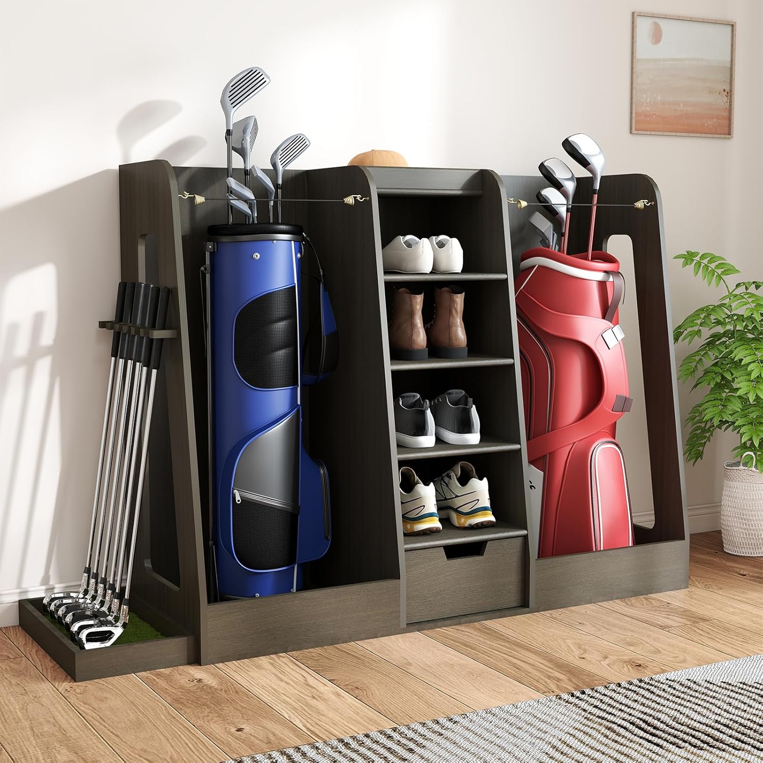 Zevemomo Wooden Golf Bag Organizer for Garage, Large Golf Storage Organizer Holder, Golf Club & Golf Equipment Storage Stand Rack for Golfers, Holds 2 or 3 Golf Bags, Black, Brown, Grey Finish