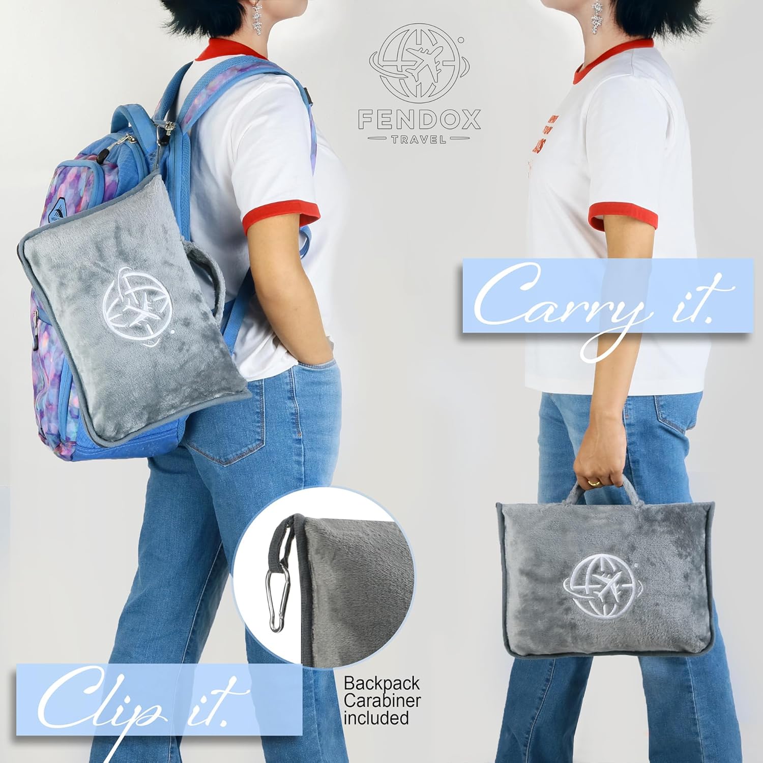 2-in-1 Travel Blanket and Pillow – Lightweight, Compact, Ultra Soft, Machine Washable – Handle, Luggage Sleeve, Backpack Clip – for Travel Airplane, Car, Office (Gray)