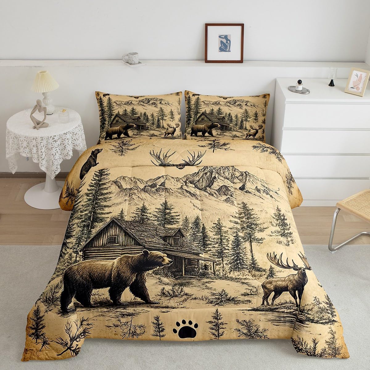 Lodge Cabin Comforter Set Woodland Animals Bedding Set Twin,Wildlife Bear Moose Elk Deer Quilt Farmhouse Cottage Reindeer Duvet Insert,Vintage Pine Trees Rustic Home Decor