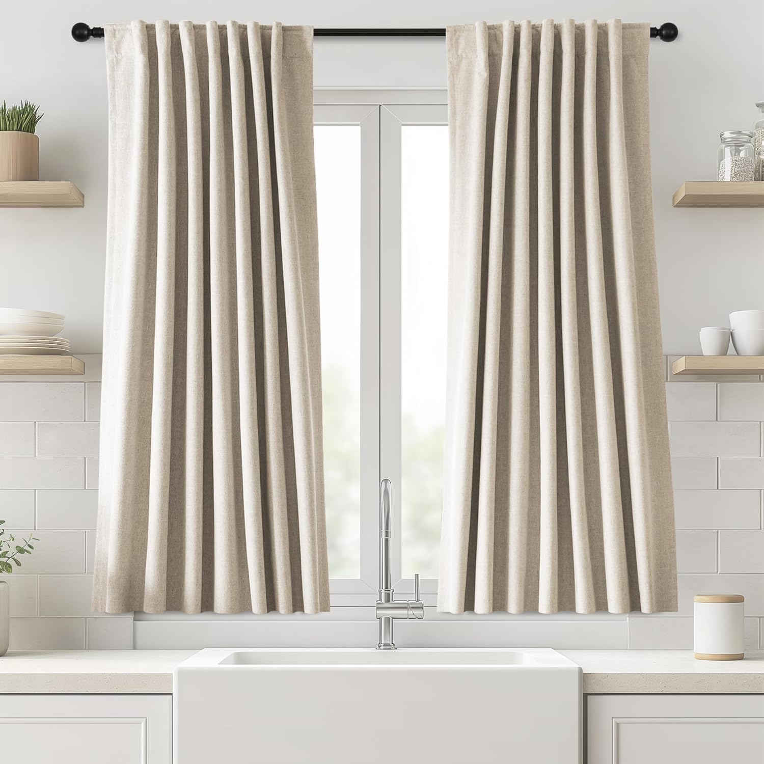 Blackout Curtains 54 Inch Long for Living Room Bedroom, Oatmeal Black Out Curtain Thermal Insulated Noise Reducing Room Darkening Linen Drapes with Back Tab Rod Pocket 2 Panels Set 52" W