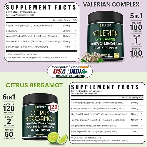 Miniatura 2 de Paquete de suplemento de raíz de valeriana 5 en 1 de 5150 mg y suplemento de bergamota cítrica 6 en 1 de 20100 mg  Apoya la relajación, el corazón,