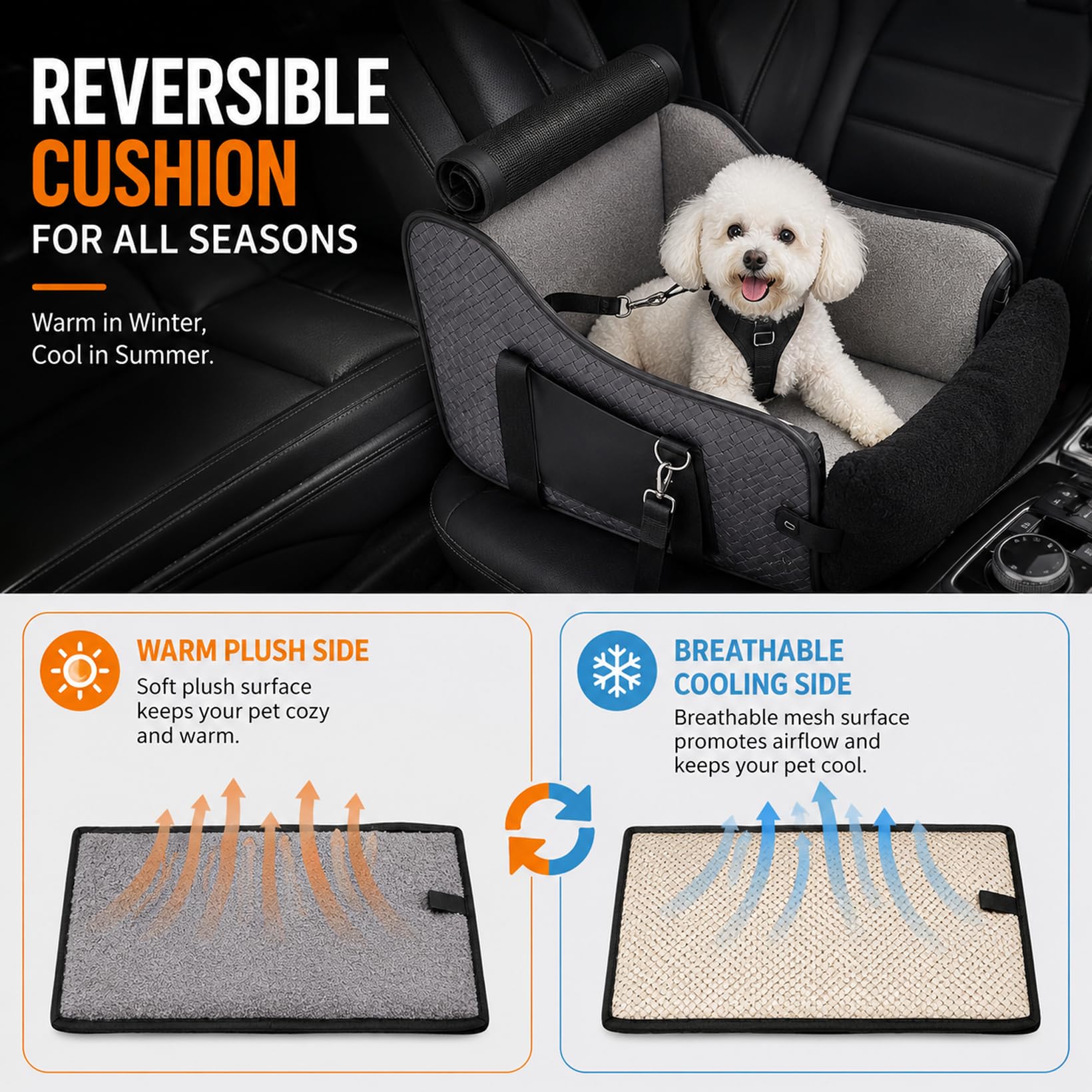 Siège auto pour petits chiens et chats, console centrale pliable, siège pour animal domestique avec double fixation et ceinture de sécurité, poches latérales max 7 kg, convient à 99 % des accoudoirs