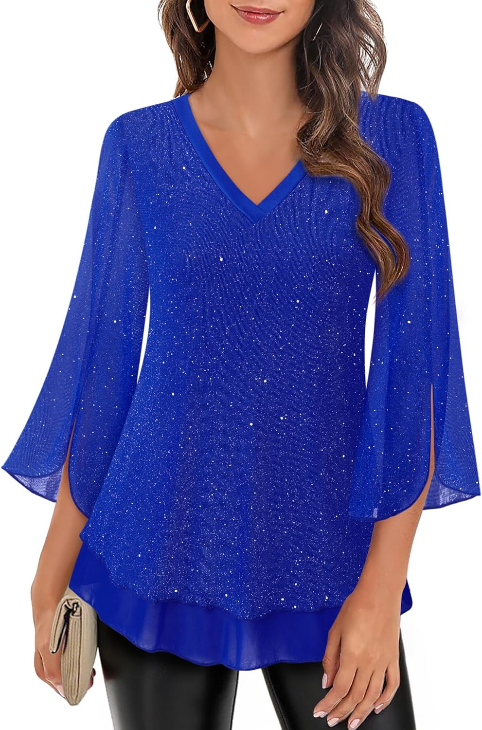 Timeson Women's 3/4 Sleeve Floral Blouses Shirts Double Layers V Neck Dressy Tunics Tops - Image 4