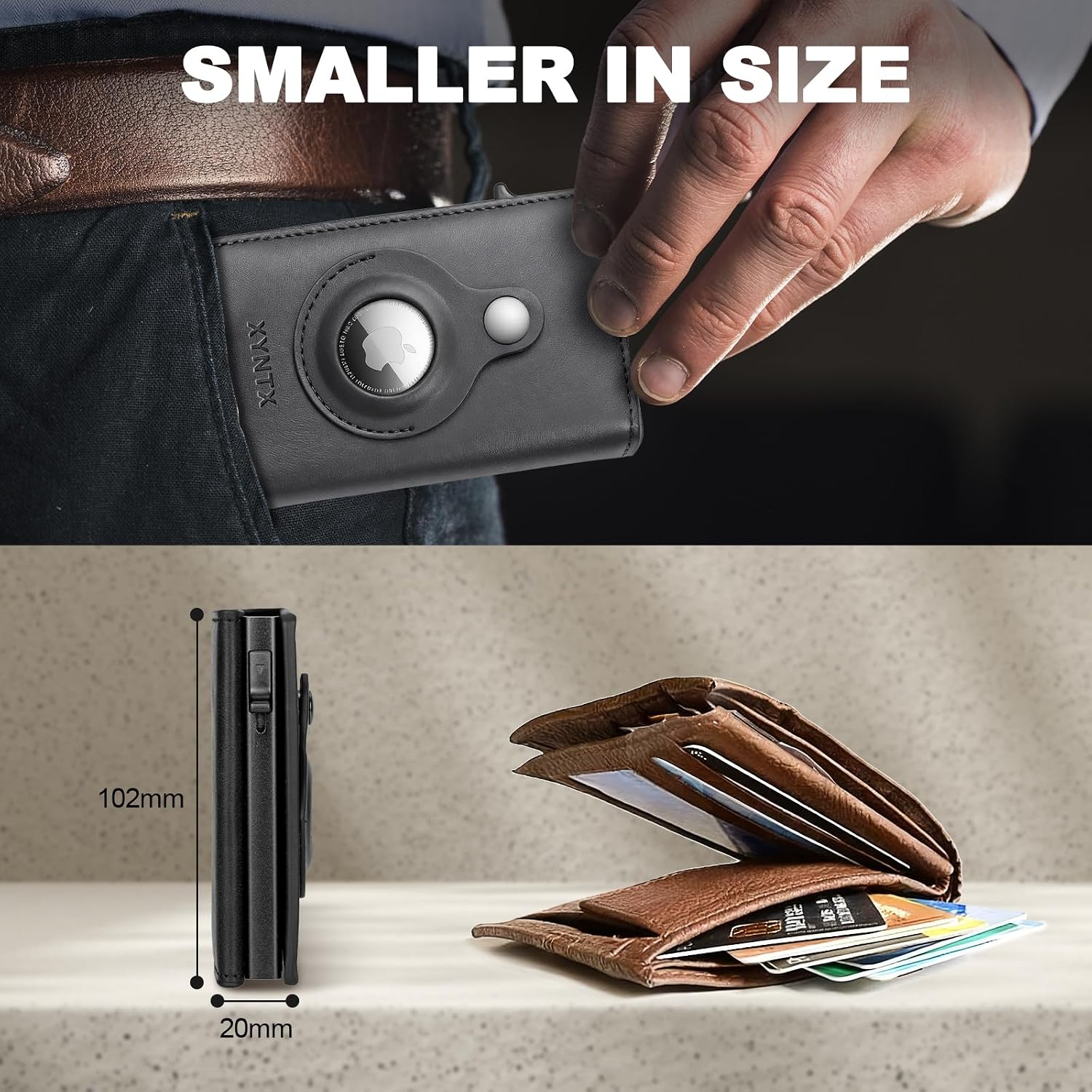 AirTag Wallet for Men, Leather Minimalist Wallet with AirTag Holder, Slim Front Pocket Wallet RFID Blocking, Pop-Up Card Case & ID Window