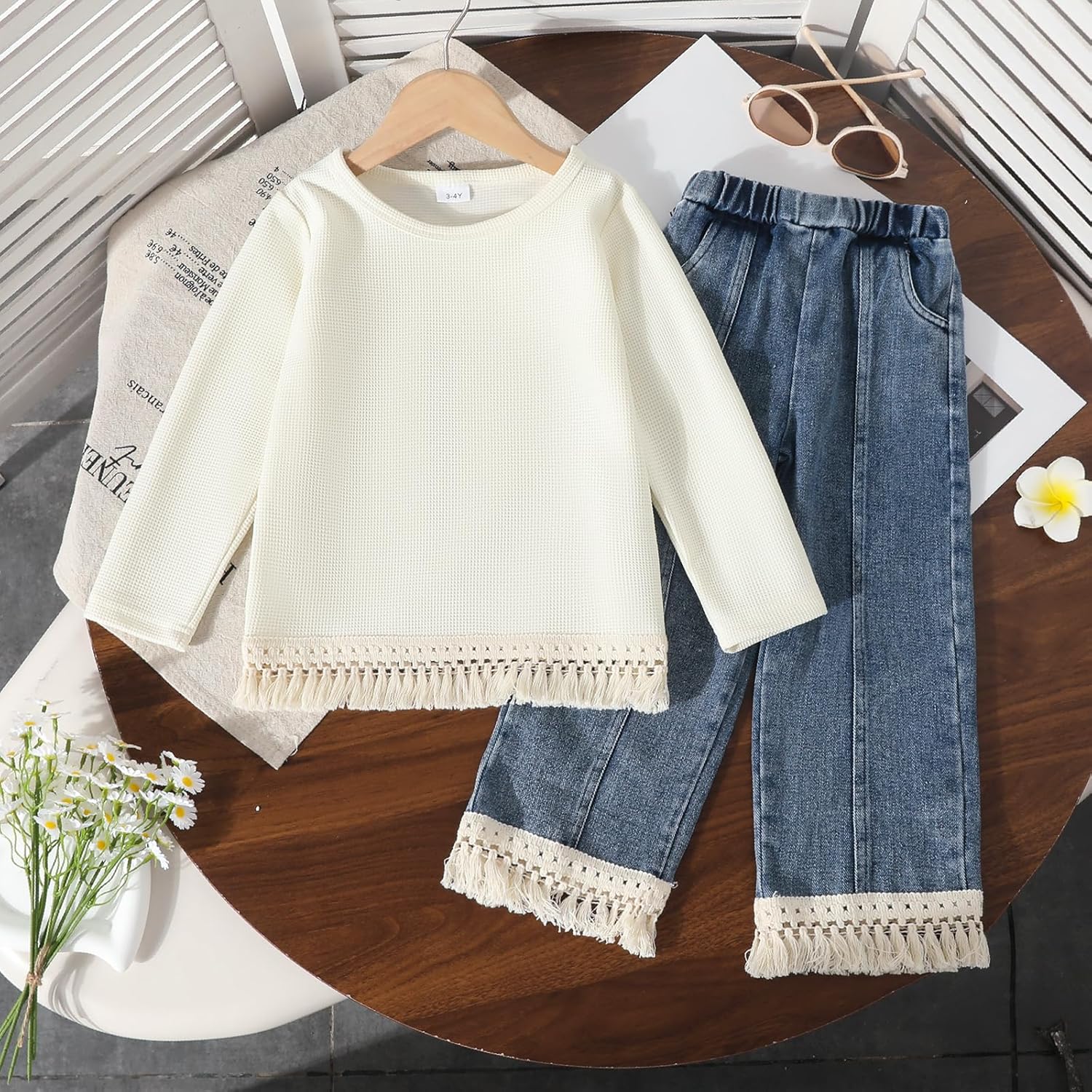 3-7 Years Toddler Girls Pants Set - Tassel Top & Washed Denim Pants Fall Winter Clothing Outfits Set for Girls - Image 6