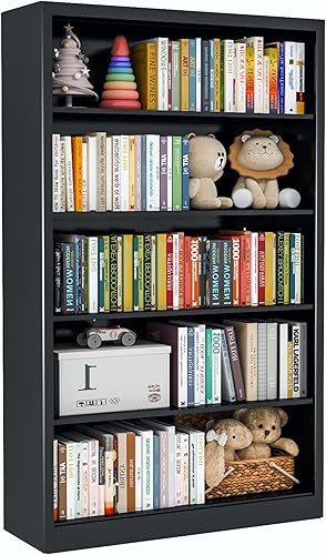 Miniatura 1 de Estantería negra, estantería de metal alto ajustable de 55 pulgadas, organizador de almacenamiento de juguetes de 5 niveles con dispositivo