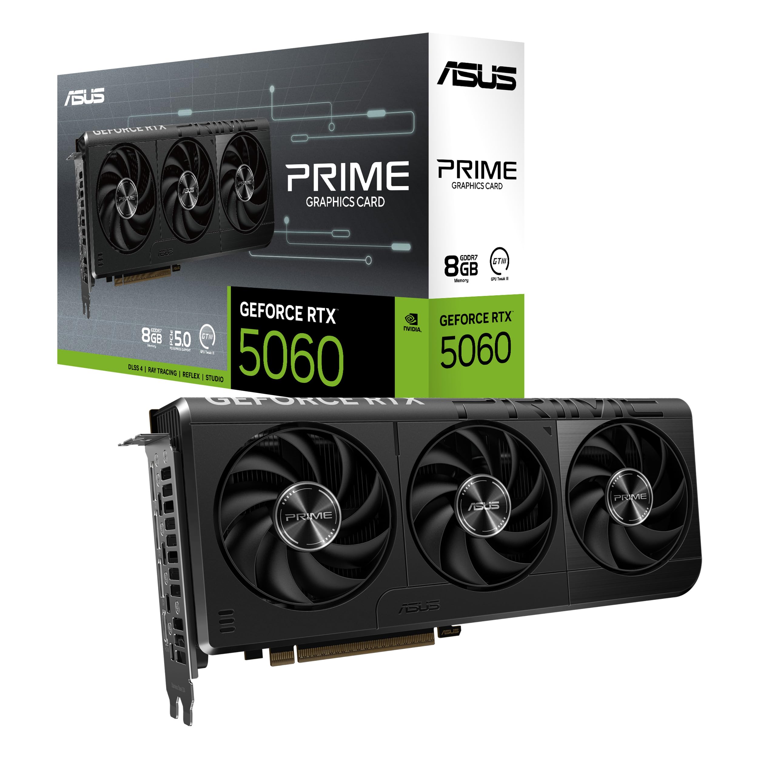 ASUS Prime GeForce RTX 5060 8 GB GDDR7 Tarjeta gráfica Compatible con SFF (PCIe 5.0, 8 GB GDDR7, HDMI/​DP 2.1, 2,​5 Ranuras, Ventiladores Axial-​Tech, BIOS Dual)