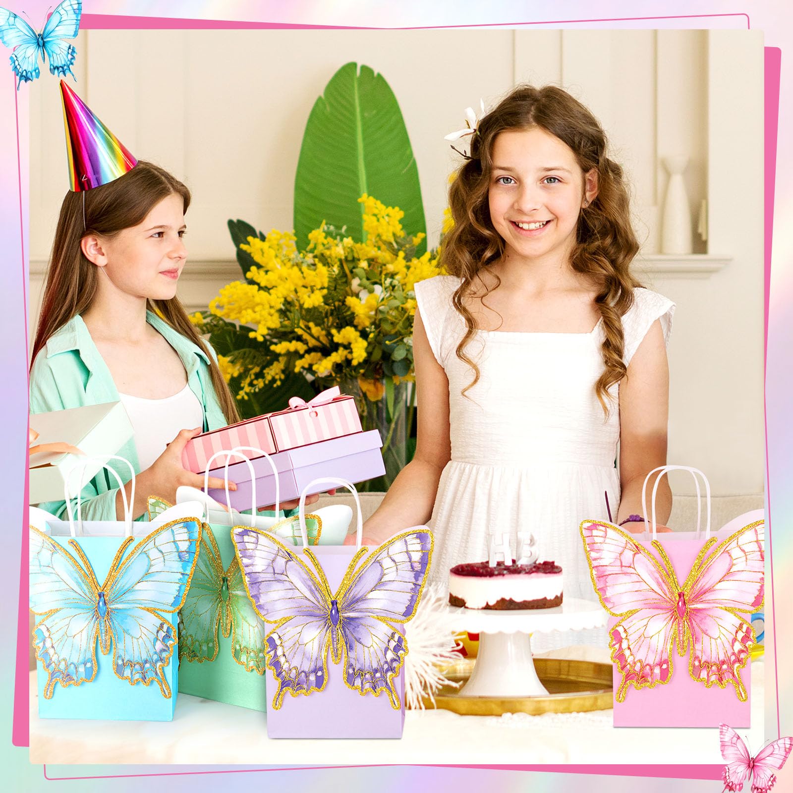 Booson 24 PCS Butterfly Paper Party Bags with Twisted Handles Blue Pink Purple Green Party Favor Bag with Adhesive Dots Paper Treat Candy Goodie Bags for Birthday Bridal Showers Decoration Supplies