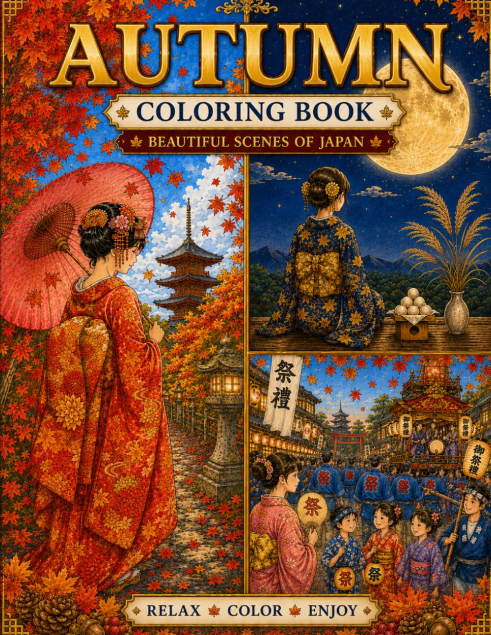 Japanese Autumn Coloring Book、: Beautiful Scenes of Japan for Relaxation and Mindful Coloring (Seasons of Japan Coloring Book Series)