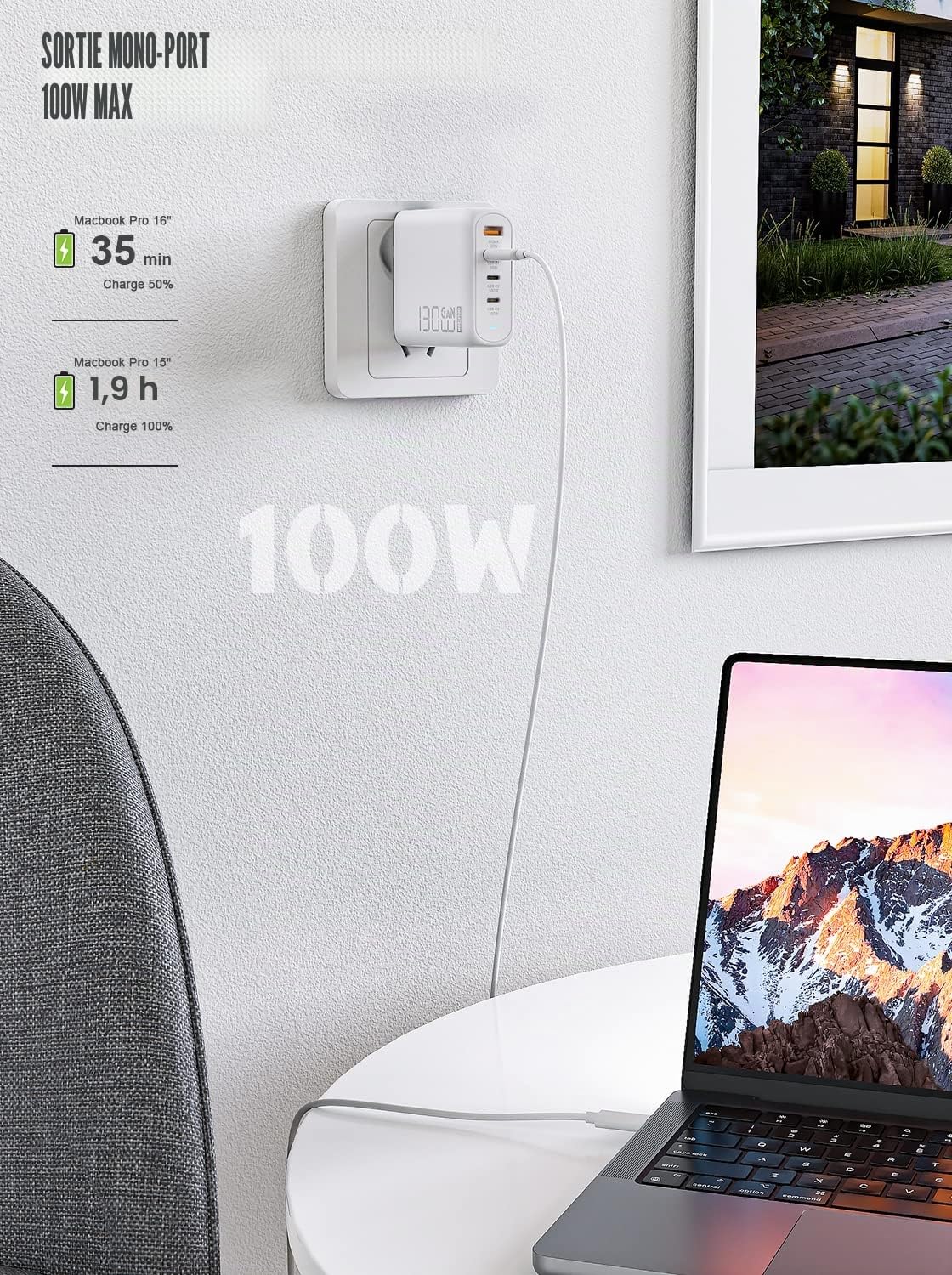 130W USB C Chargeur Rapide, PD 100W+QC 30W PPS PD GaN Chargeur 4 Ports Adaptateur Type C avec Câble 100W pour MacBook Pro/Air, Dell XPS 15, Huawei, iPhone 14/13, iPad Pro, Galaxy S22/S21