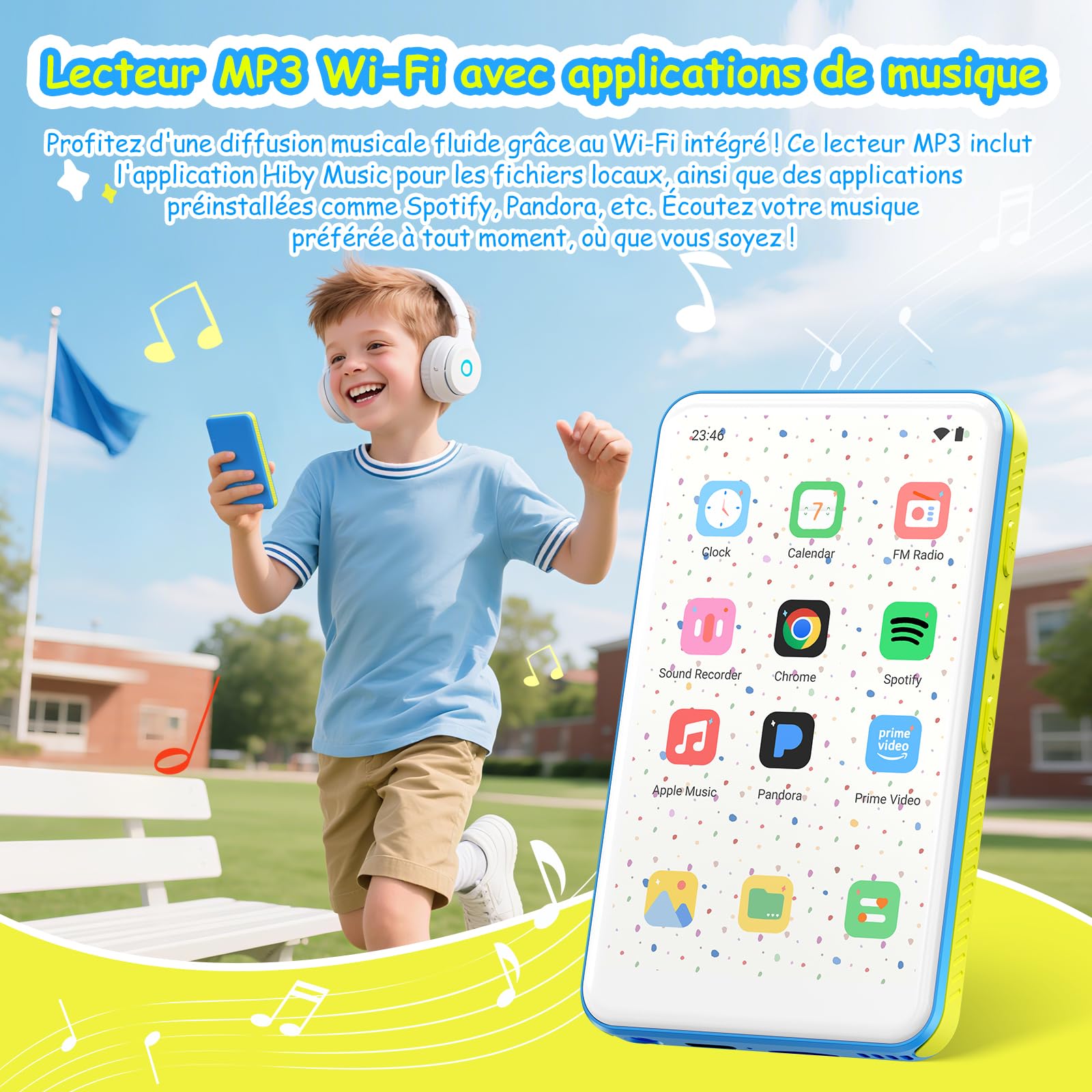 132GB MP3 Players with Bluetooth WiFi, Lecteur de Musique pour Enfants, 2000mAh MP4 Players with 4 Pouces Touchscreen, Android 13 OS Music Players with Spotify, Pandora, Deezer, Audible, Play Store