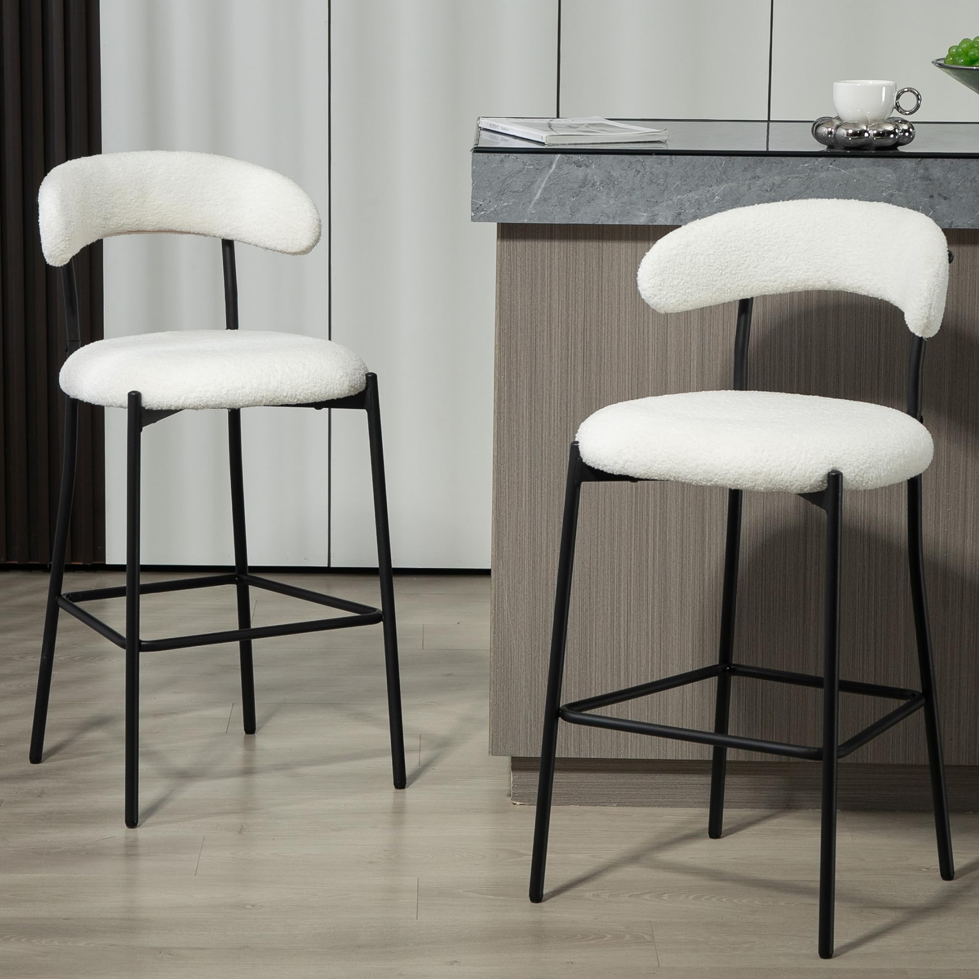 Bar Stools Set of 2, Counter Height Bar Stools, Upholstered Bar Stools, Modern Kitchen Bar Stools, Dining Chairs with Back and with Black Powder