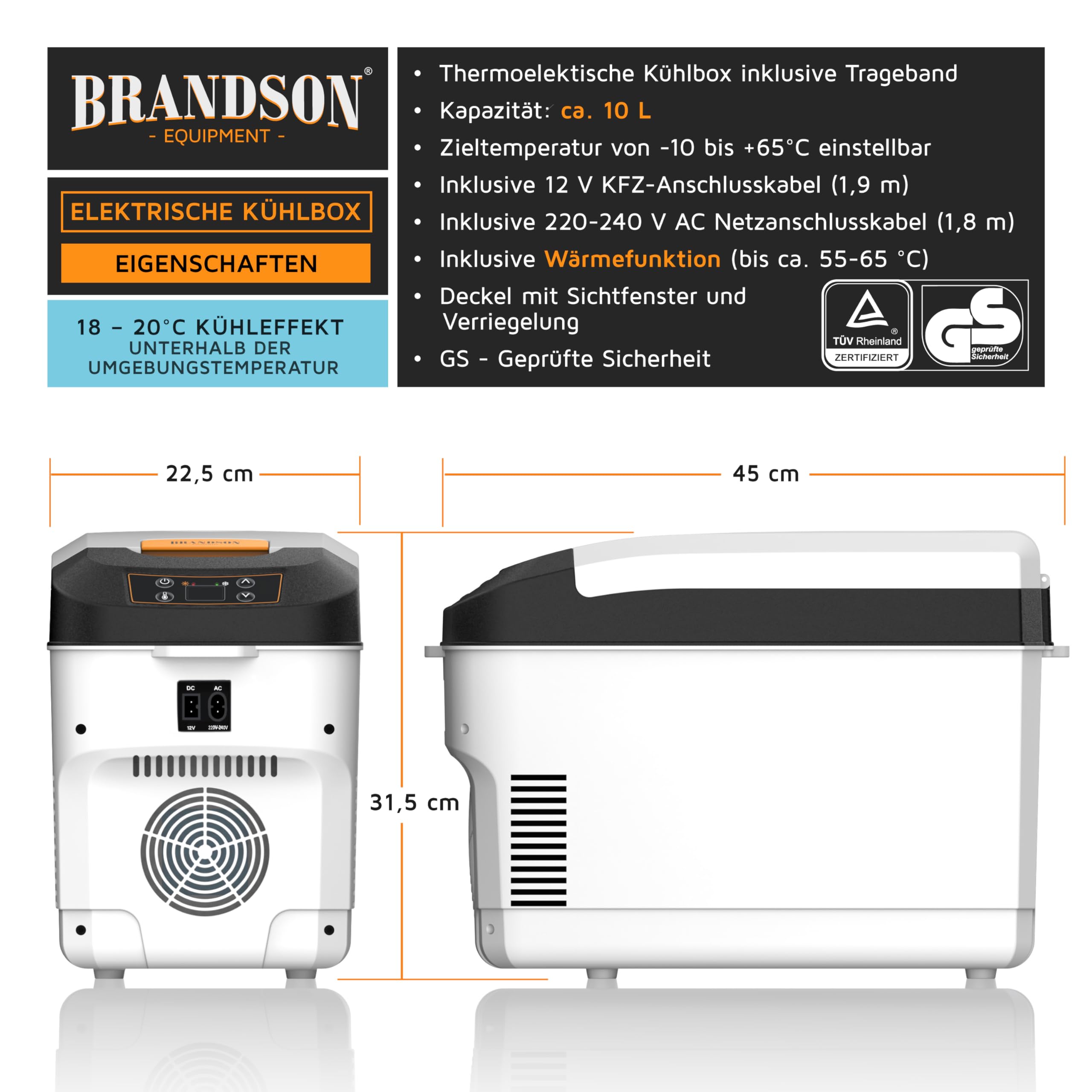 Brandson - Kühlbox elektrisch 10L – 230 V Netzspannung und 12 V KFZ Auto Bordspannung – kühlt und wärmt – Heizen max. 65°C – Herabkühlen ca 20°C unter der Umgebungstemperatur - Weiß