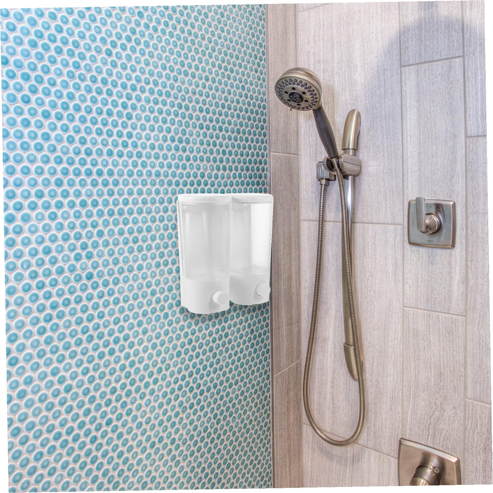 VILLCASE Dispensador de Jabón para Pared sin Taladro Doble Botella para Champú y Acondicionador Montaje Mural Práctico y Resistente para Baño y Ducha Instalación Fácil y Ahorro de Espacio