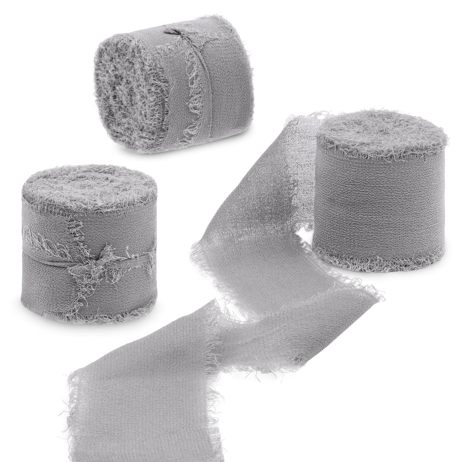 Uiopa 3 Rolls Chiffon Ribbon, 40mm x 15m(16.4 Yards) Frayed Edges Gift Wrapping Ribbon, Gray Chiffon Silk Ribbons for Wedding Invitations, Bridal Bouquets, Wreath, Decoration, DIY Crafts