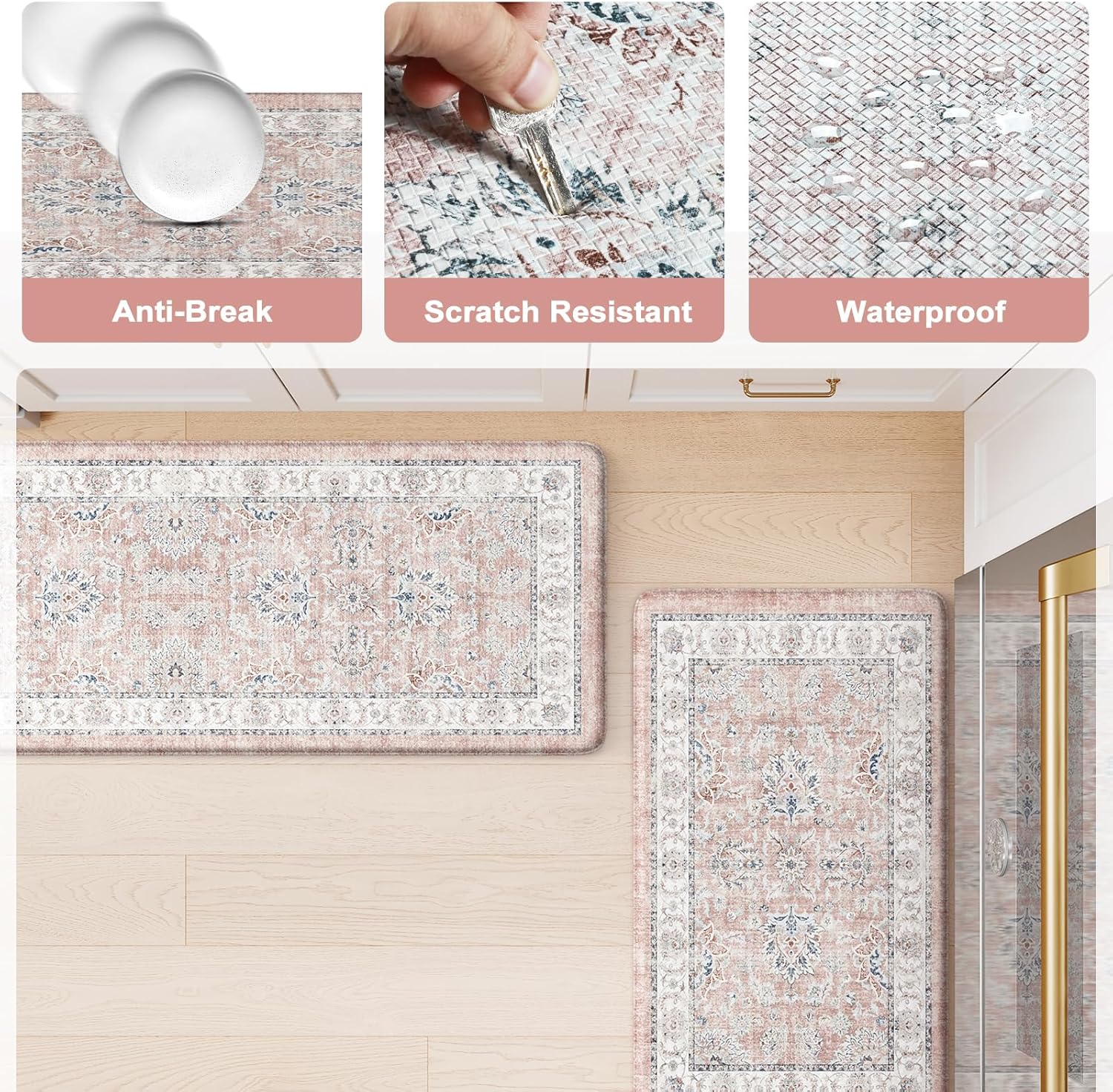 KIMODE Anti Fatigue Mats for Kitchen Floor, Boho Floral Kitchen Rugs Sets of 2, Cushioned Kitchen Floor Mats, Comfort Standing Desk Mat for Sink, Laundry, Desk Pink Multi 17"x29.5"+17" x47”